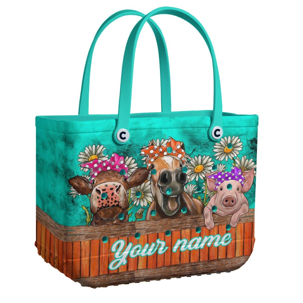 Personalized Farm Animal Tote Bag – Custom Name, Cute Cow & Pig Design, Eco-Friendly