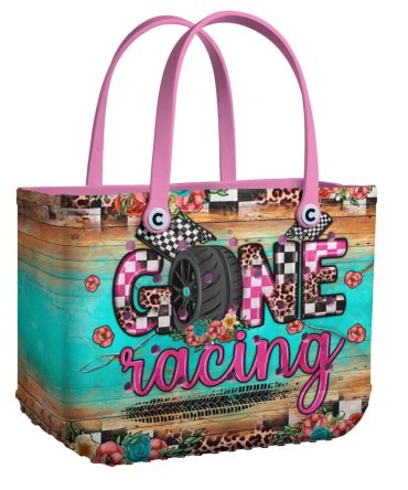 Colorful 'Gone Racing' Tote Bag - Stylish Floral & Checkered Design For Race Enthusiasts