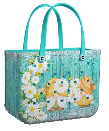 Charming Daisy & Gnome Tote Bag - Stylish Aqua Design, Perfect For Everyday Use