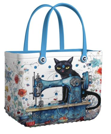 Chic Cat & Sewing Machine Tote Bag – Stylish, Spacious, And Vibrant Design!