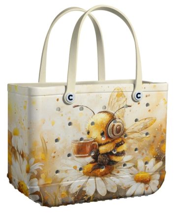 Adorable Bee Tote Bag - Cute Floral Design With Coffee & Headphones - Perfect For Shopping & Gifts