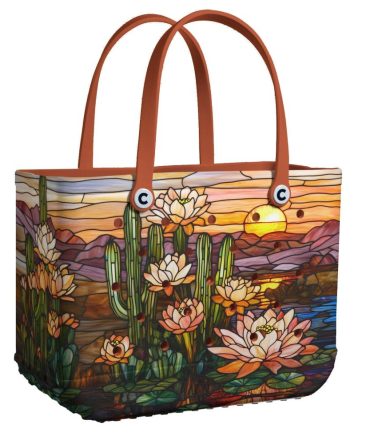 Vibrant Desert Sunset Tote Bag - Stained Glass Cactus & Lotus Design, Durable & Stylish Carryall