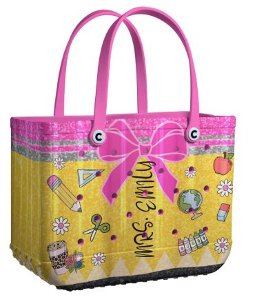 Custom Teacher Tote Bag - Personalized School Supplies Design, Pink & Yellow