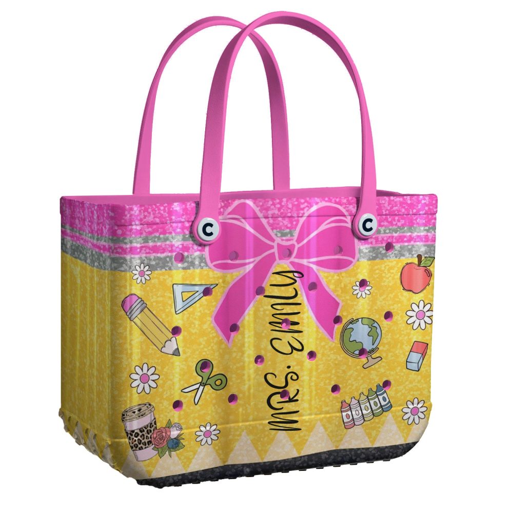 Custom Teacher Tote Bag - Personalized School Supplies Design, Pink & Yellow