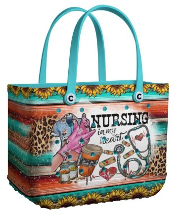 Stylish Nursing Tote Bag - Colorful Design With Sunflowers & Medical Icons, Perfect Gift For Nurses