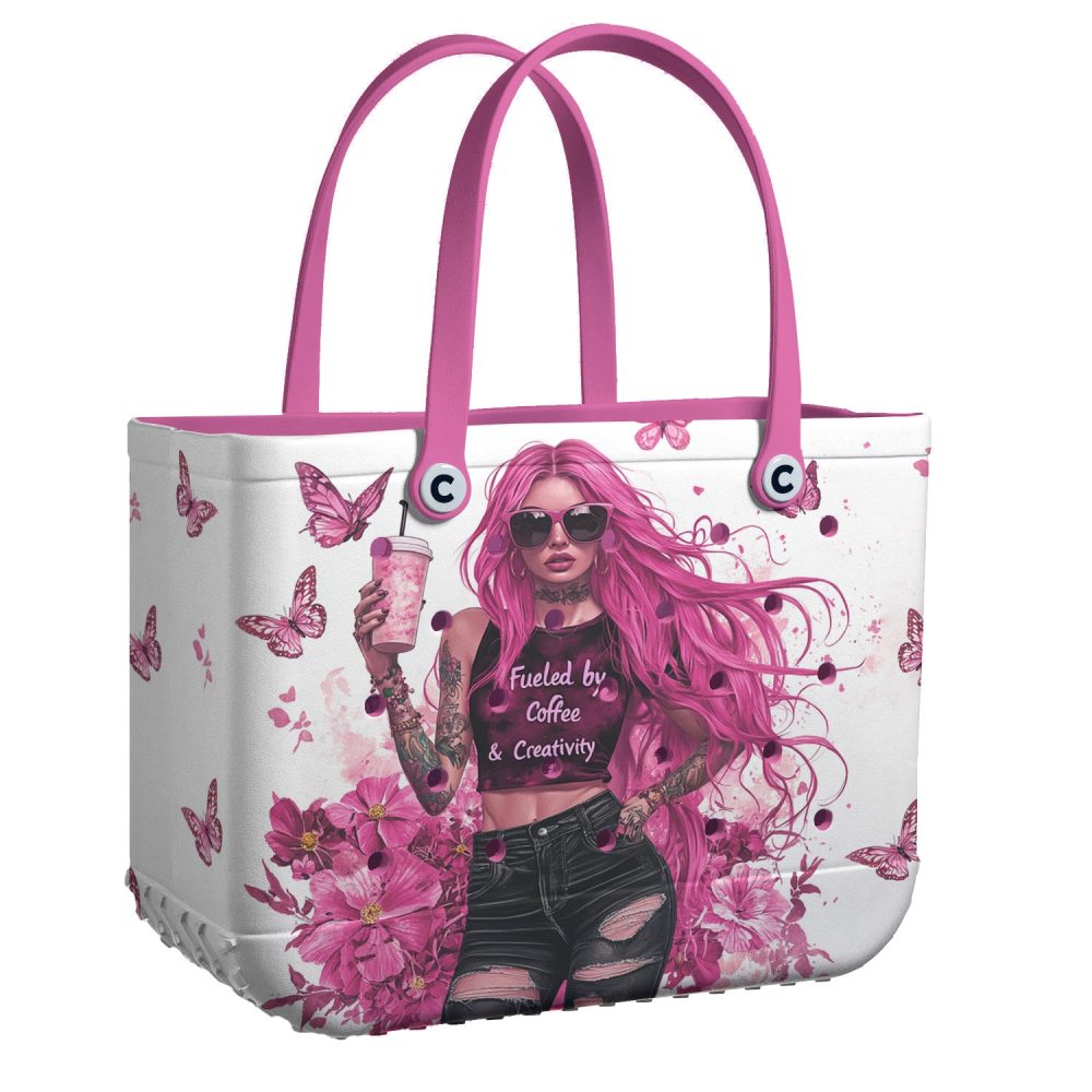 Trendy Pink Tote Bag - Coffee & Creativity Design, Butterfly Accents - Perfect For Stylish Outings
