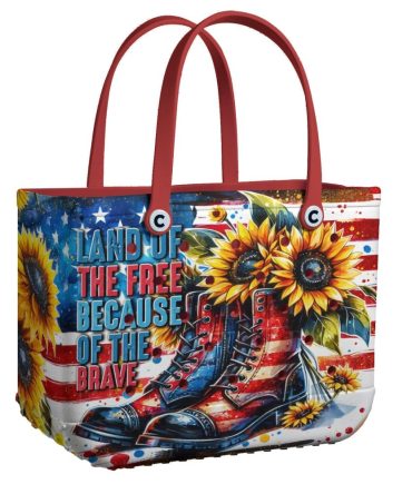 Patriotic Sunflower Tote Bag - Vibrant Usa Design With Boots & Flag Print