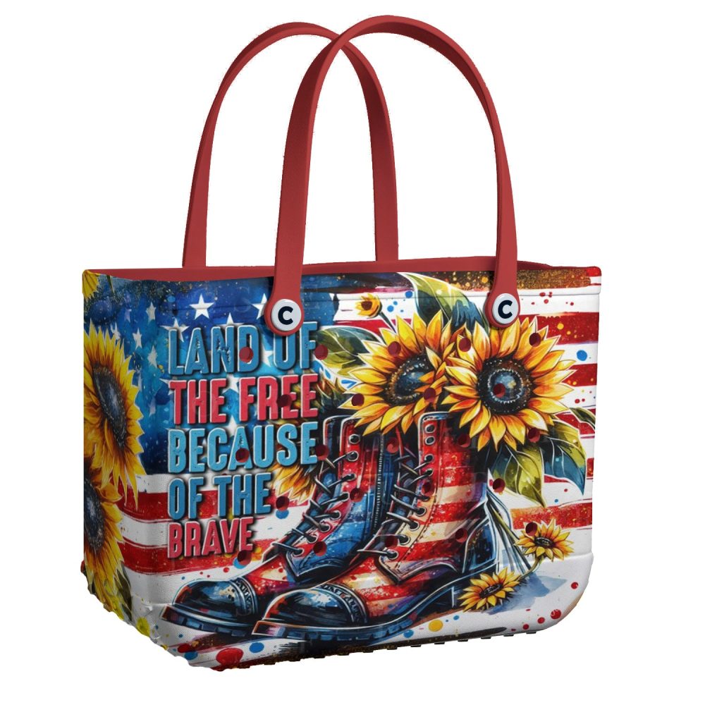 Patriotic Sunflower Tote Bag - Vibrant Usa Design With Boots & Flag Print