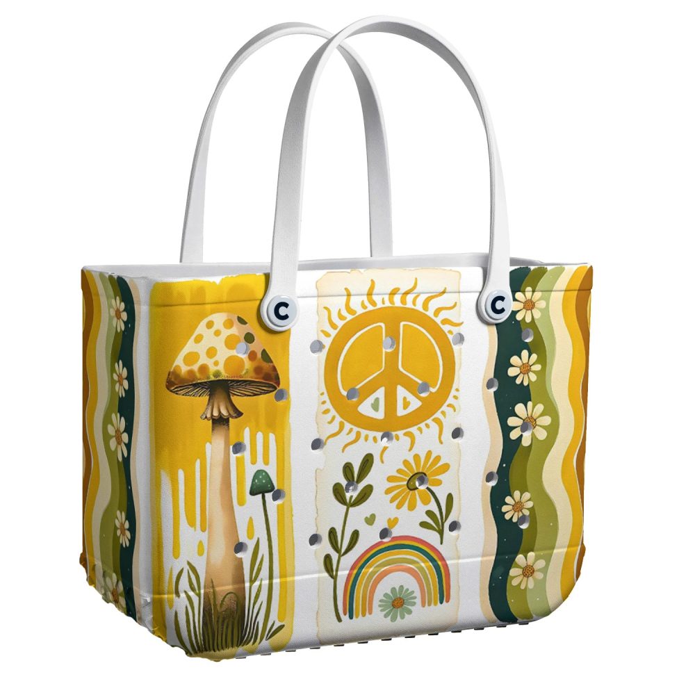 Retro Boho Chic Tote Bag - Peace, Love & Sunflower Design - Durable & Stylish For Everyday Use