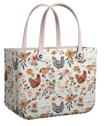 Chic Tote Bag With Floral & Chicken Print - Stylish & Spacious For Everyday Use