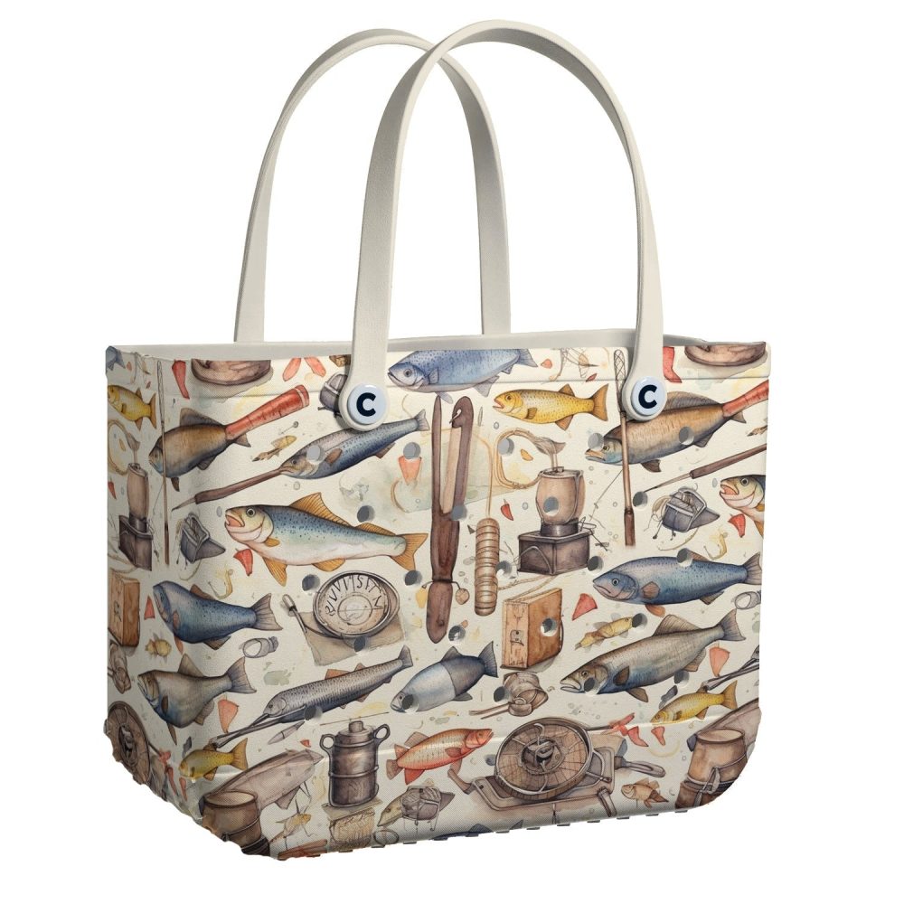 Vintage Fishing Print Tote Bag - Spacious, Durable & Stylish - Perfect For Beach, Groceries & Daily Use