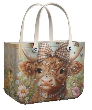 Charming Highland Cow Tote Bag With Bow - Floral Design, Durable & Stylish Handbag