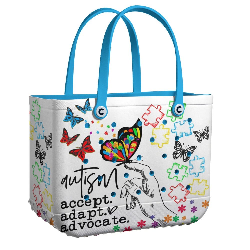 Colorful Autism Tote Bag - Embrace, Adapt, Advocate With Puzzle & Butterfly Design - Perfect For Everyday Use