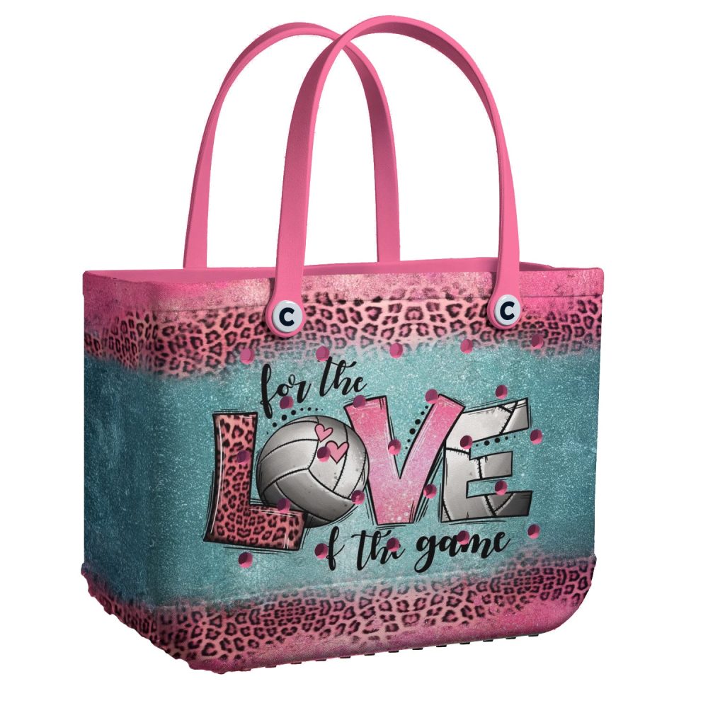 Volleyball Lover'S Tote Bag - Stylish Pink & Teal Leopard Print With Heart Design - Perfect For Game Day!