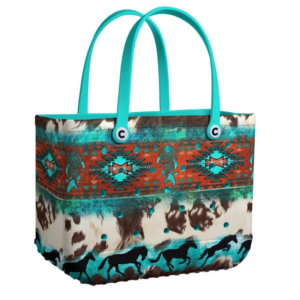 Stylish Tribal Print Tote Bag With Turquoise Handles – Perfect For Boho Chic Fashion