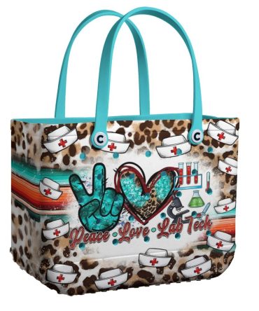 Peace Love Lab Tech Tote Bag - Stylish Nurse Gift With Leopard Print & Teal Accents