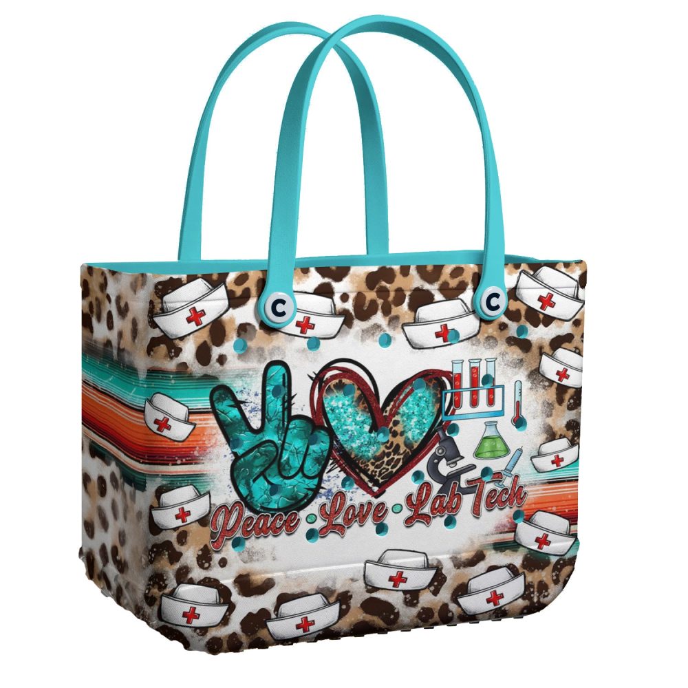 Peace Love Lab Tech Tote Bag - Stylish Nurse Gift With Leopard Print & Teal Accents