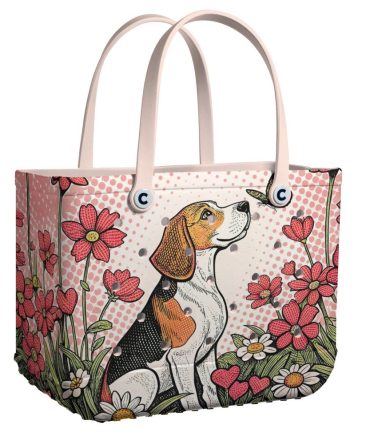 Chic Dog Lover'S Tote Bag With Floral Design - Perfect For Shopping & Beach Days