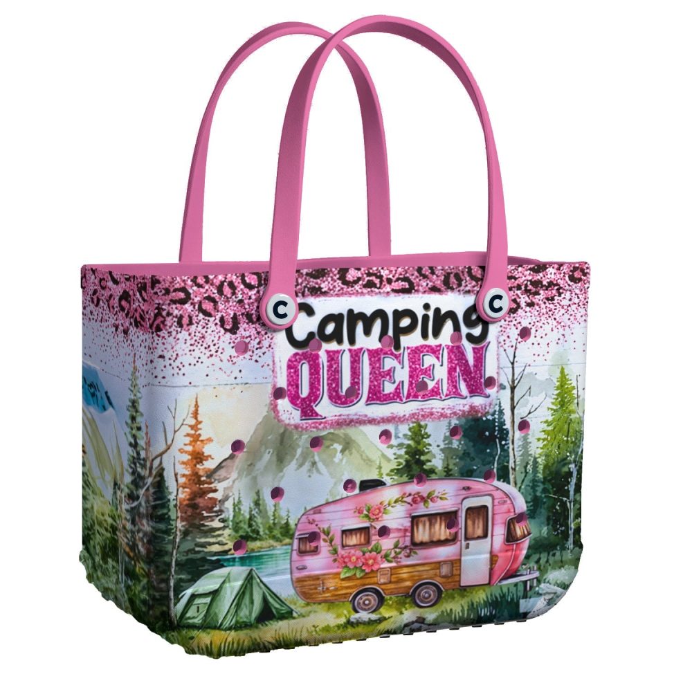 Camping Queen Tote Bag – Stylish Outdoor Adventure Essential With Pink Glitter Design