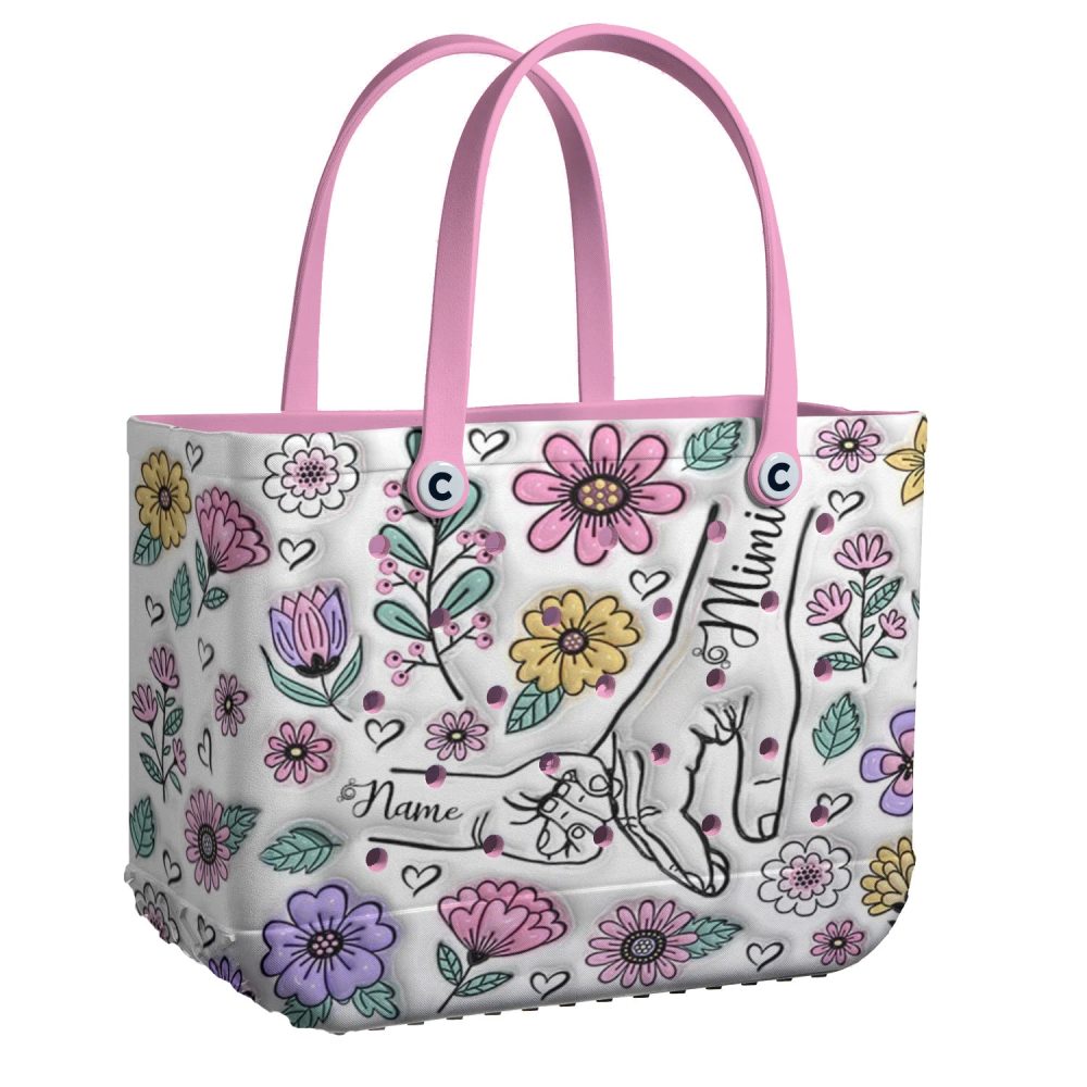 Personalized Floral Tote Bag With Pink Handles – Custom Name Design, Perfect Gift!