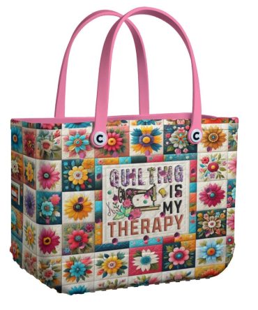 Colorful Floral Quilting Tote Bag - 'Quilting Is My Therapy' - Perfect For Craft Lovers