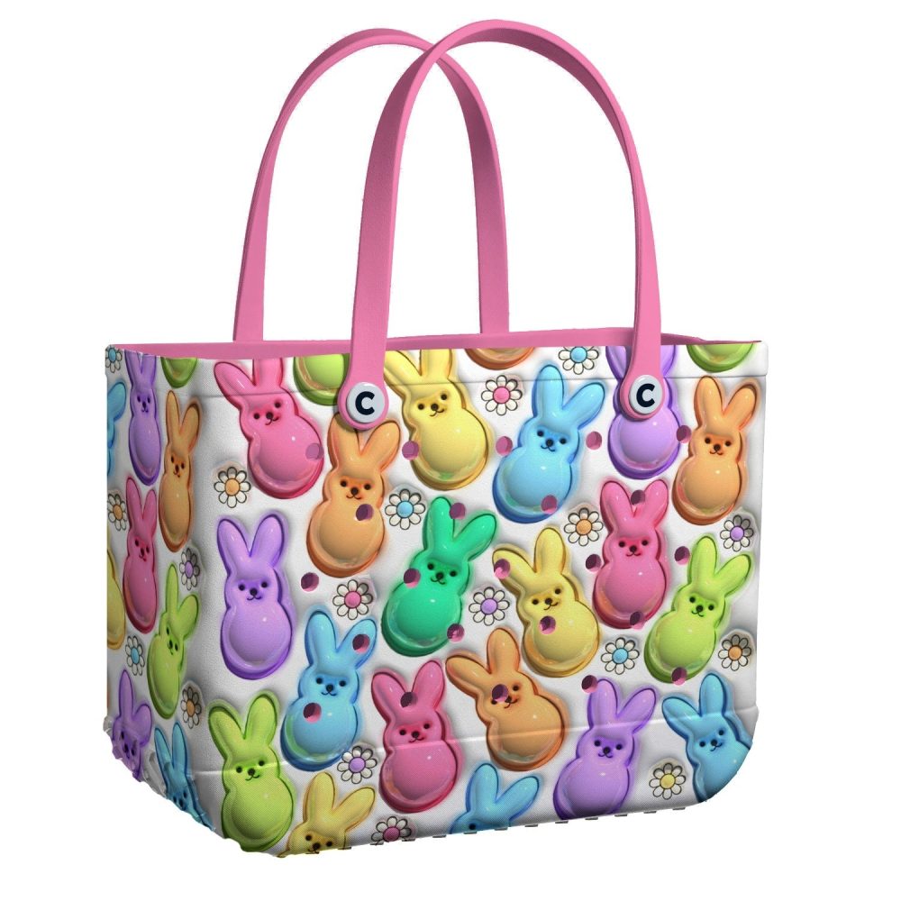 Colorful Bunny Tote Bag – Cute & Spacious Easter-Themed Handbag With Pink Handles