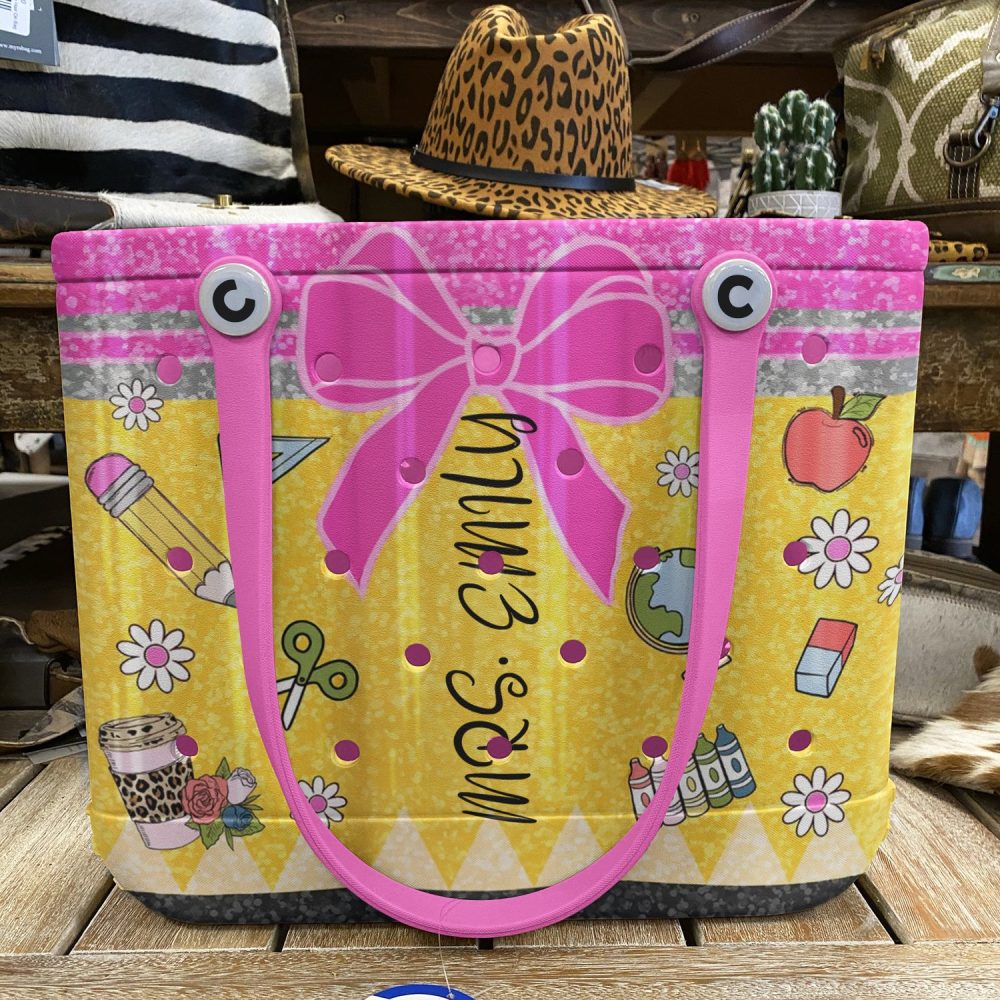 Custom Teacher Tote Bag - Personalized School Supplies Design, Pink & Yellow - Image 4