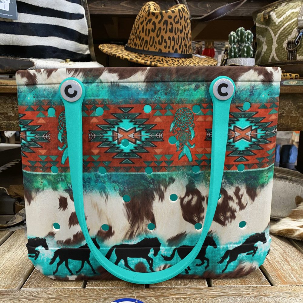 Stylish Tribal Print Tote Bag With Turquoise Handles – Perfect For Boho Chic Fashion - Image 2