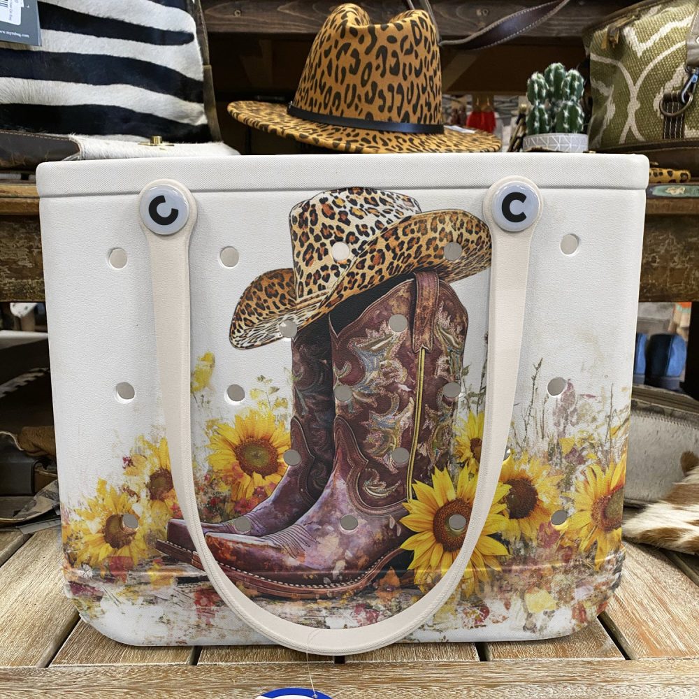 Chic Western Tote Bag - Cowboy Boots & Sunflowers Design With Leopard Hat Accent - Image 2