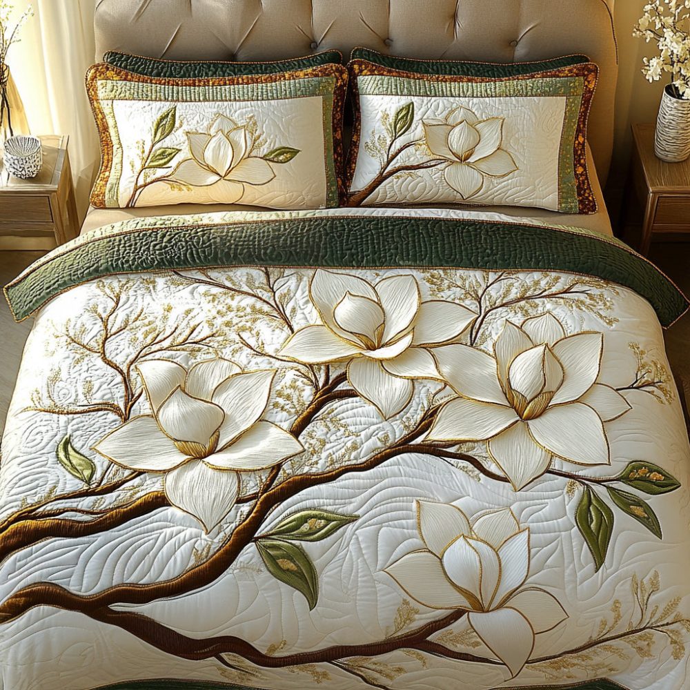 Magnolia Blossom 3-Piece Quilted Bedding Set