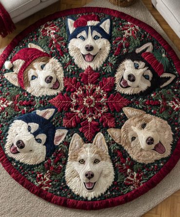 Merry Husky Quilted Round Mat