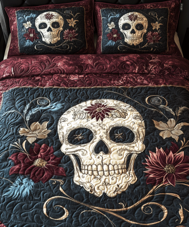 Midnight Skull Bloom 3-Piece Quilted Bedding Set