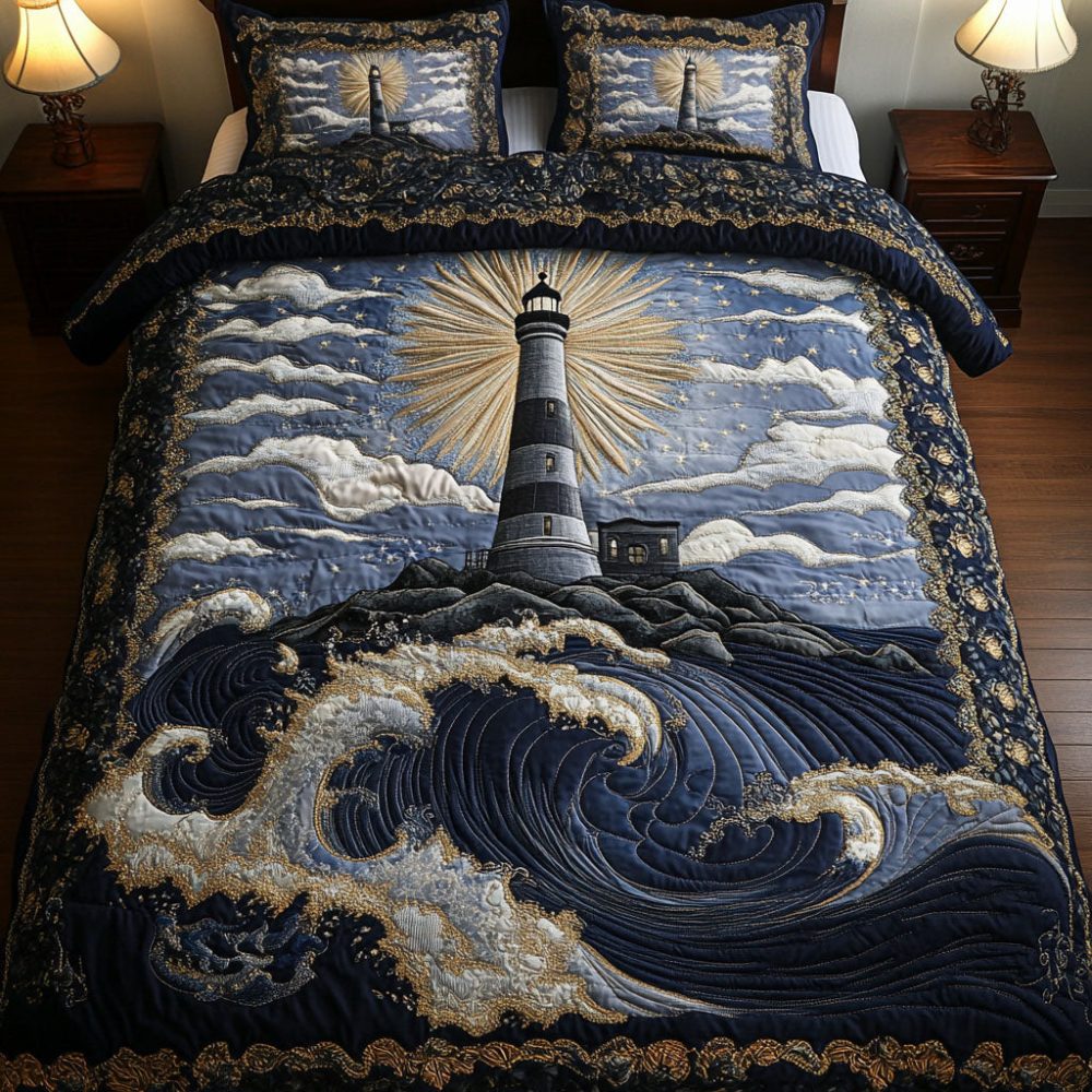 Midnight Lighthouse Glow 3-Piece Quilted Bedding Set