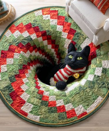 Mistletoe Cat Quilted Round Mat