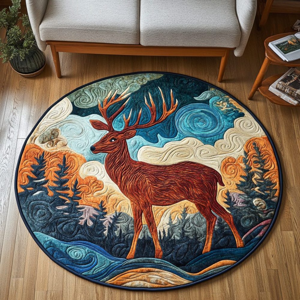 Misty Forest Stag Quilted Round Mat