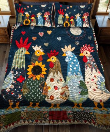 Moonlit Roosters 3-Piece Quilted Bedding Set