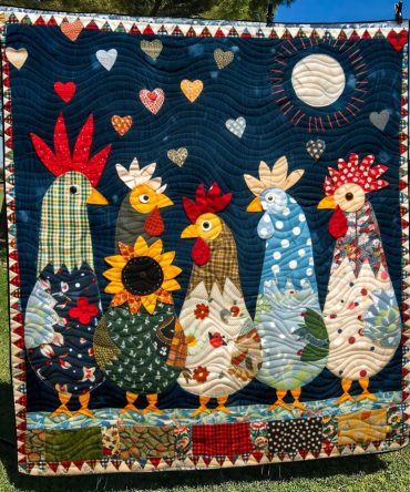 Moonlit Roosters Quilted Blanket