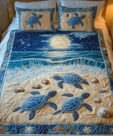 Moonlit Beach Turtles 3-Piece Quilted Bedding Set
