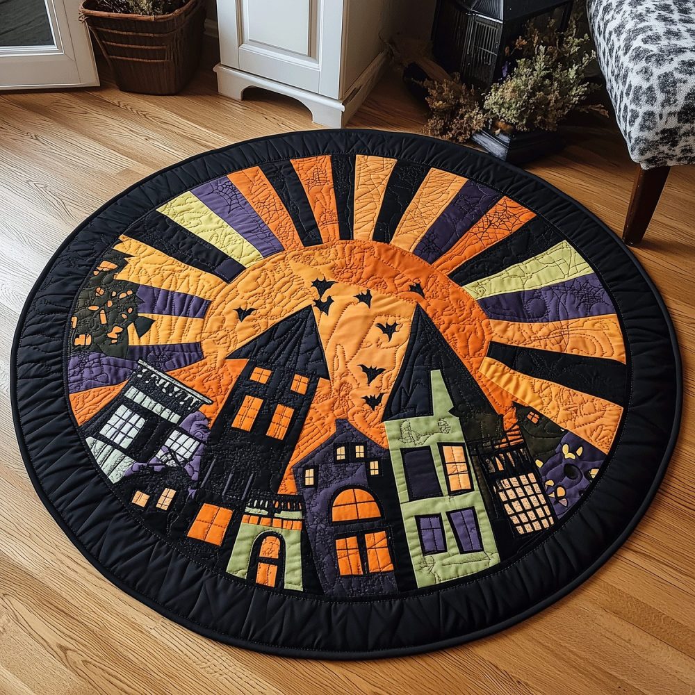 Moonlit Haunted Town Quilted Round Mat
