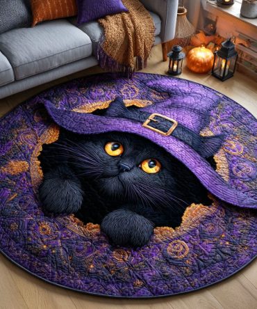 Mystic Black Cat Quilted Round Mat