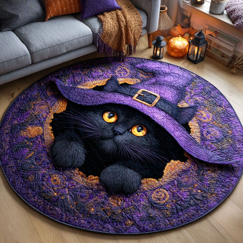 Mystic Black Cat Quilted Round Mat