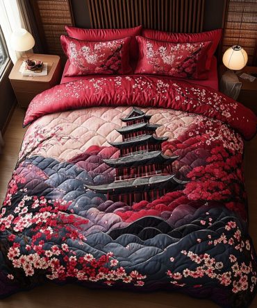Mystic Japanese Pagoda 3-Piece Quilted Bedding Set