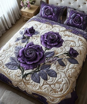 Mystic Violet Rose 3-Piece Quilted Bedding Set