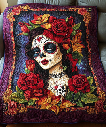 Mystical Floral Skull Quilted Blanket