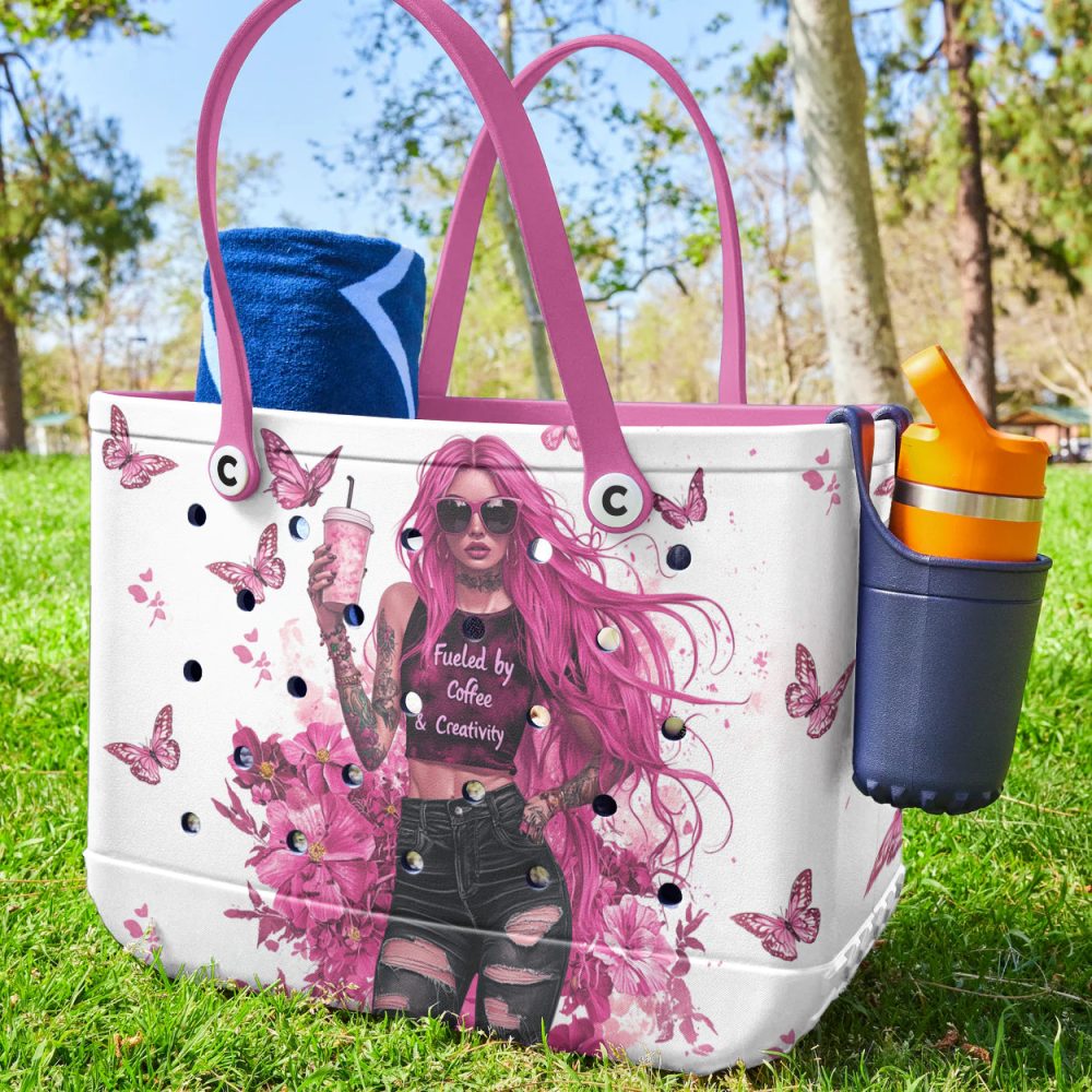 Trendy Pink Tote Bag - Coffee & Creativity Design, Butterfly Accents - Perfect For Stylish Outings - Image 4