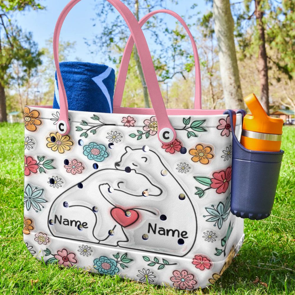Custom Floral Bear Family Tote Bag - Personalized Gift For Mom & Kids - Stylish & Durable - Image 2