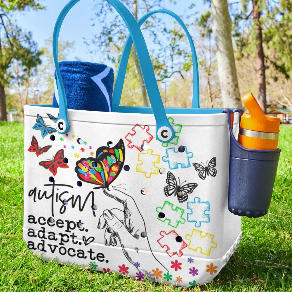 Colorful Autism Tote Bag - Embrace, Adapt, Advocate With Puzzle & Butterfly Design - Perfect For Everyday Use - Image 2