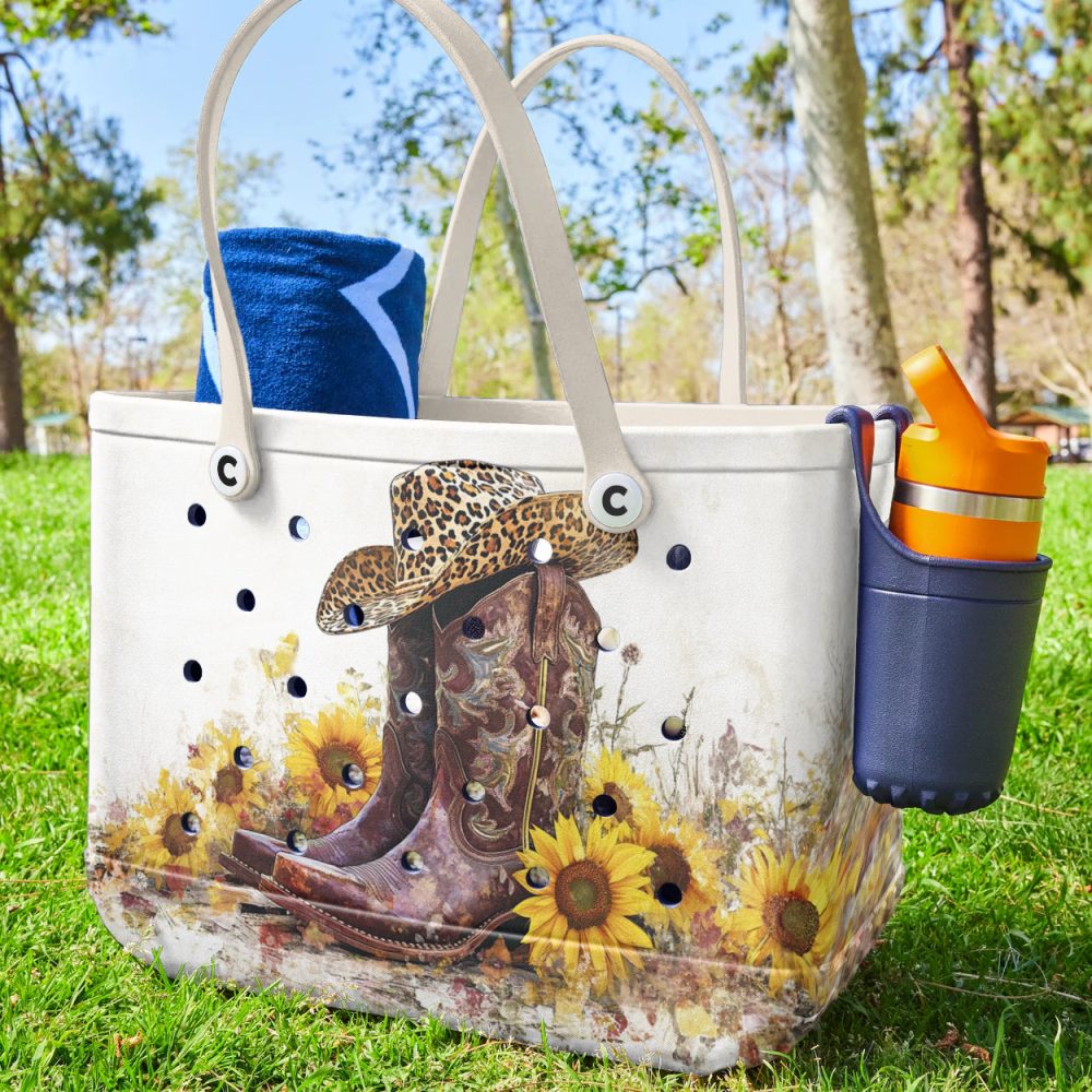 Chic Western Tote Bag - Cowboy Boots & Sunflowers Design With Leopard Hat Accent - Image 3