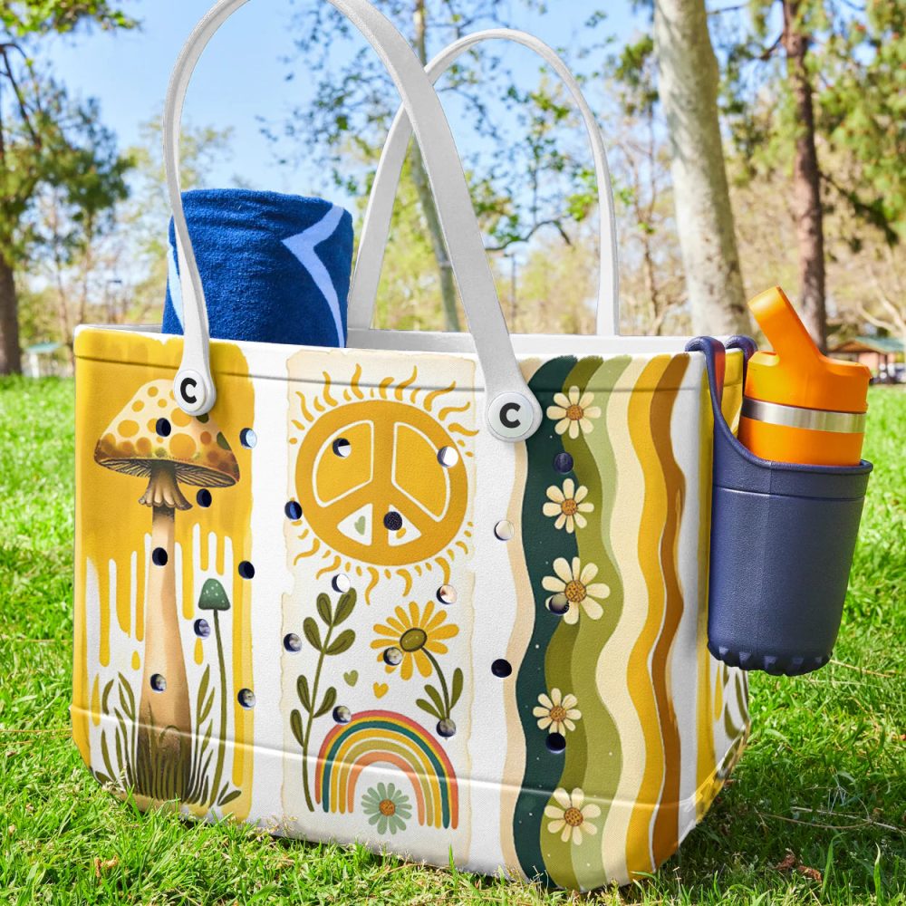 Retro Boho Chic Tote Bag - Peace, Love & Sunflower Design - Durable & Stylish For Everyday Use - Image 2