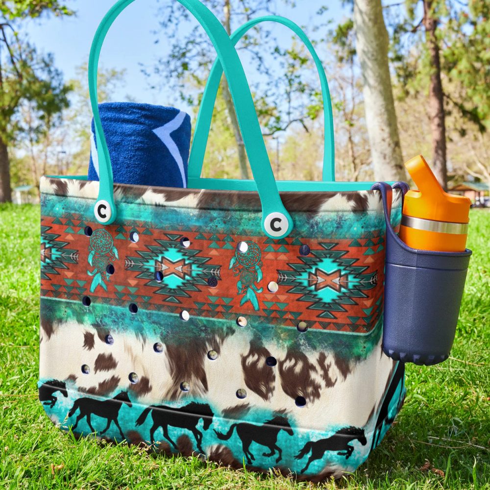 Stylish Tribal Print Tote Bag With Turquoise Handles – Perfect For Boho Chic Fashion - Image 3
